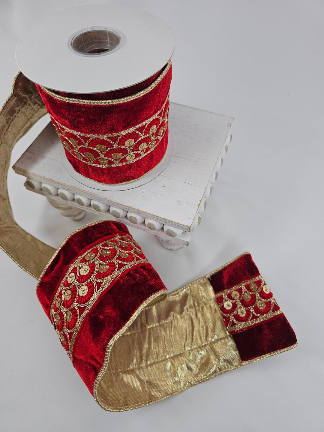 Red Trim On Velvet Metallic Ribbon - 4" - Greenery MarketXR585/4R