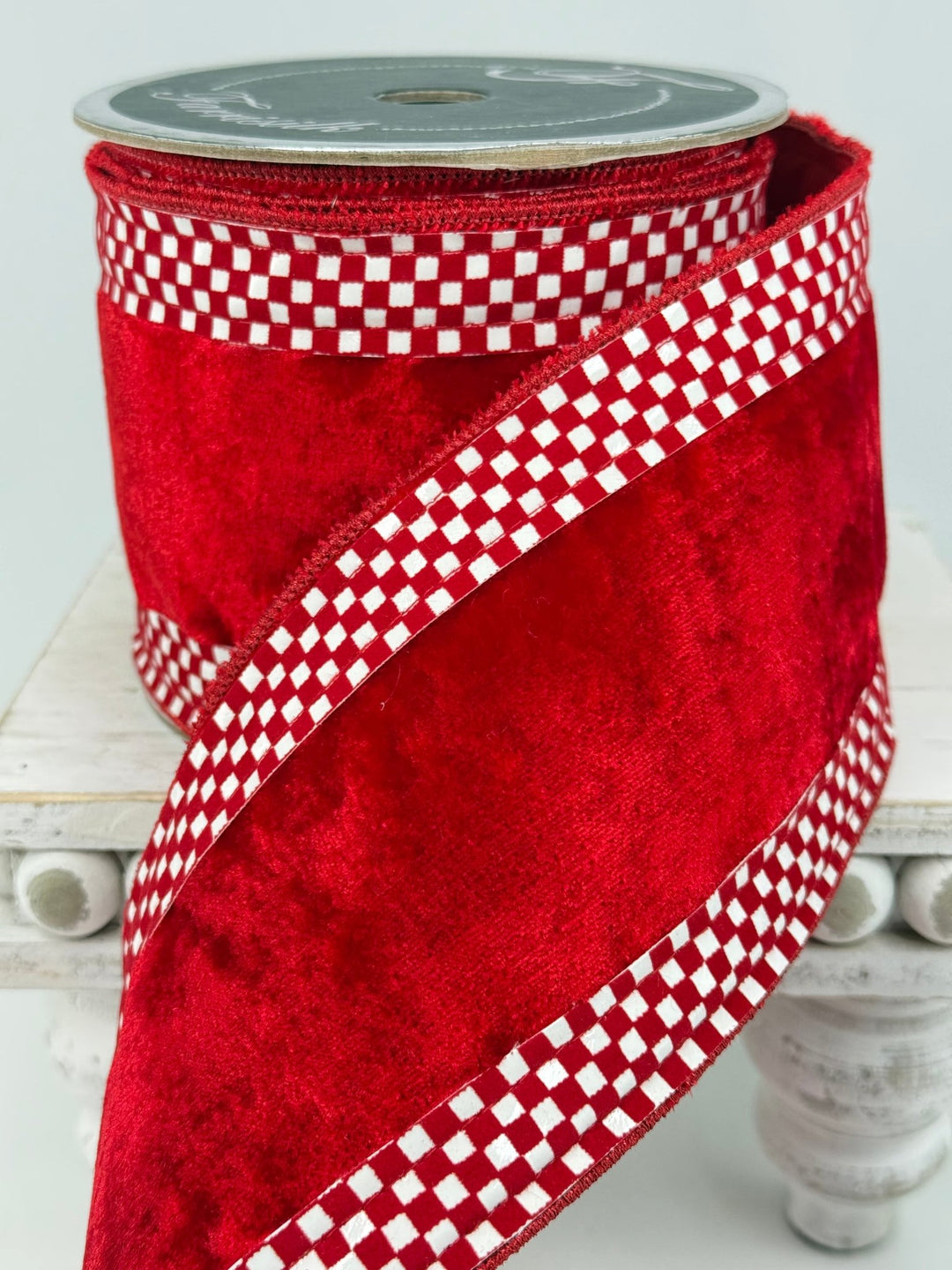 Red Velvet Check Edge Farrisilk wired ribbon AS IS - 4” - Greenery Marketwired ribbonRZ674-02
