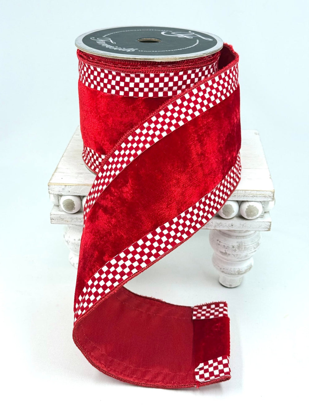Red Velvet Check Edge Farrisilk wired ribbon AS IS - 4” - Greenery Marketwired ribbonRZ674-02