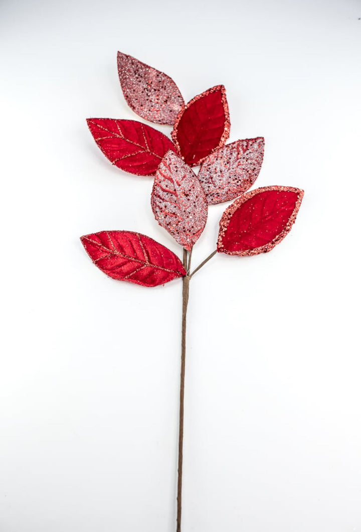 Red velvet & glitter magnolia leaves spray - Greenery MarketXS230224