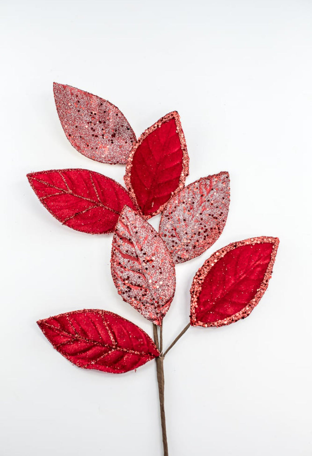 Red velvet & glitter magnolia leaves spray - Greenery MarketXS230224