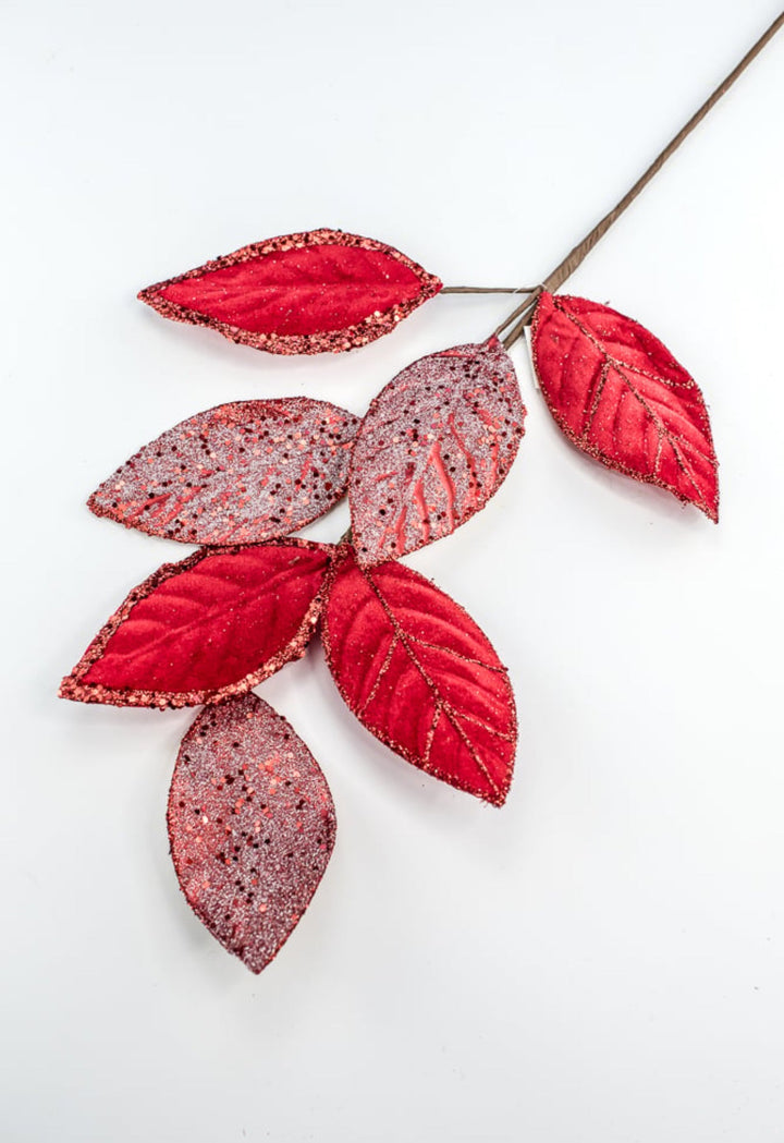 Red velvet & glitter magnolia leaves spray - Greenery MarketXS230224