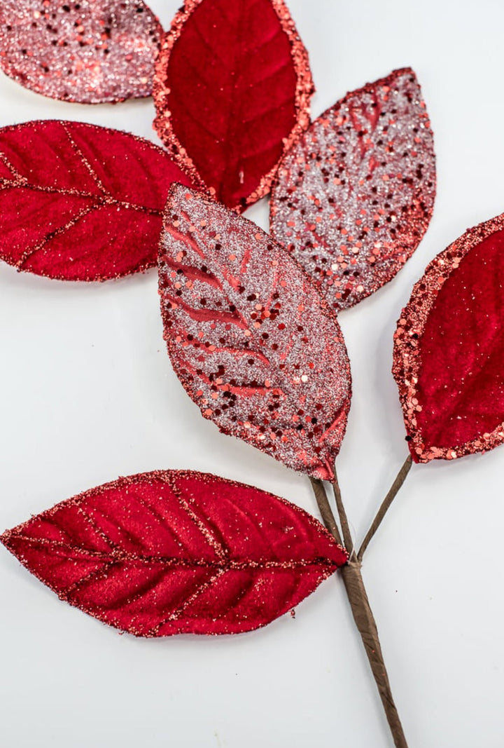 Red velvet & glitter magnolia leaves spray - Greenery MarketXS230224