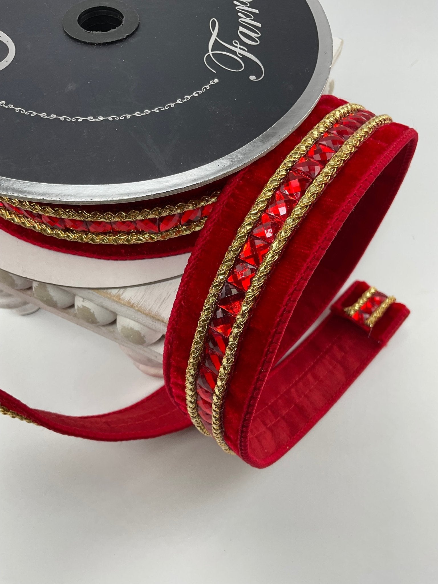 Red velvet jewelry gemstones 1.5” farrisilk wired ribbon - Greenery MarketRibbons & TrimRG250-02