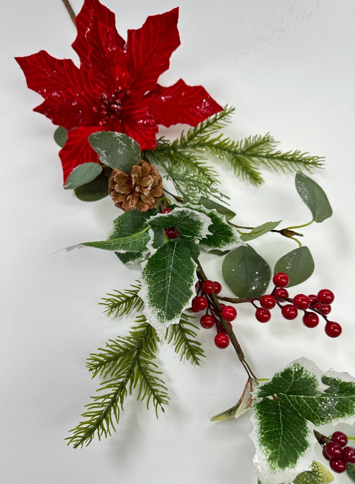 Red velvet poinsettia spray with holly - Greenery MarketWinter and Christmas83982