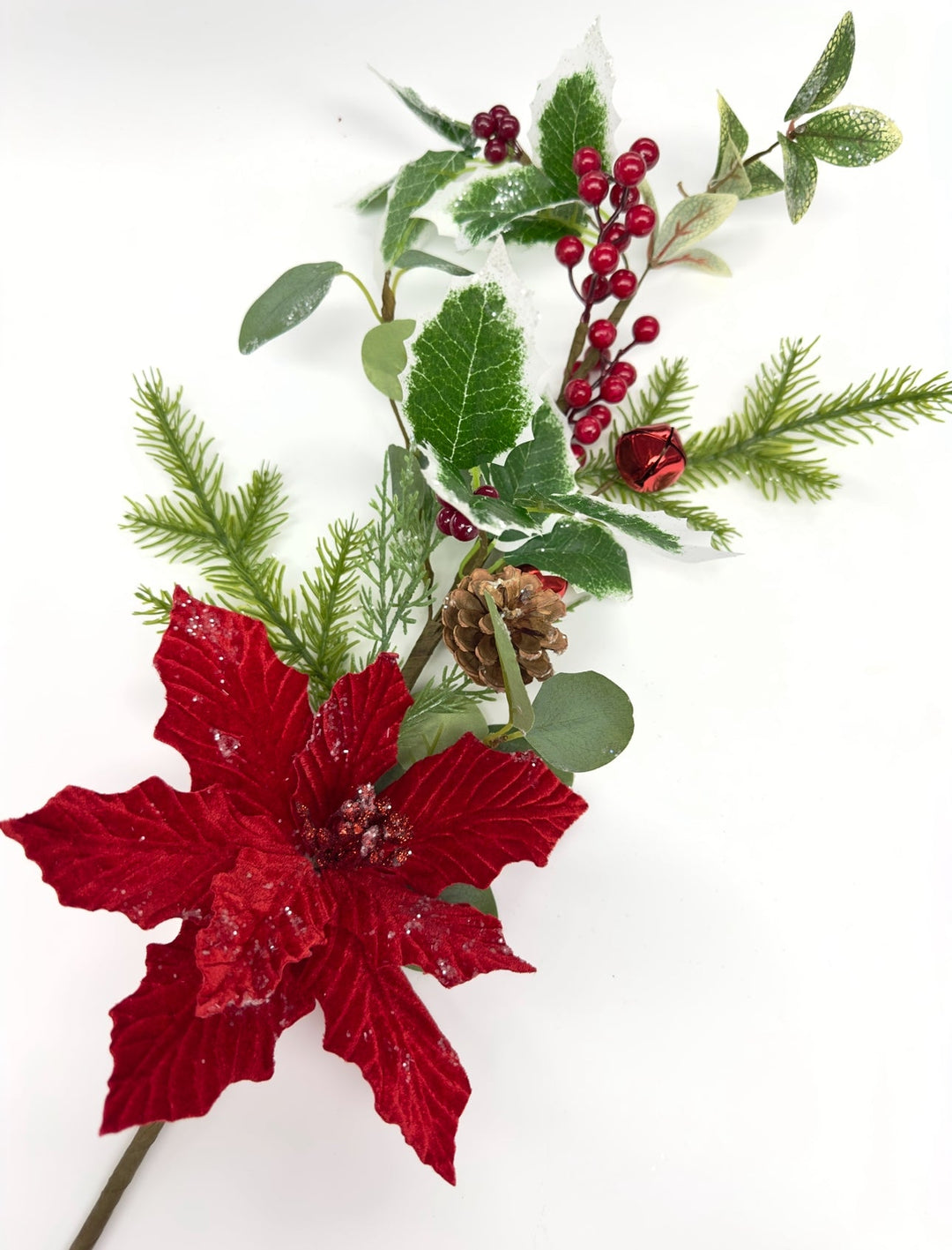 Red velvet poinsettia spray with holly - Greenery MarketWinter and Christmas83982