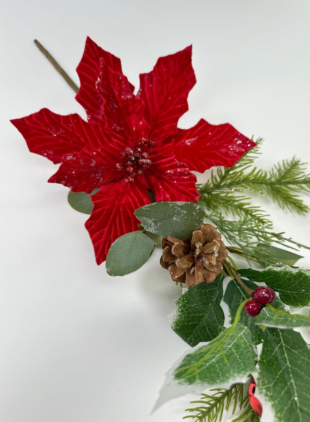 Red velvet poinsettia spray with holly - Greenery MarketWinter and Christmas83982