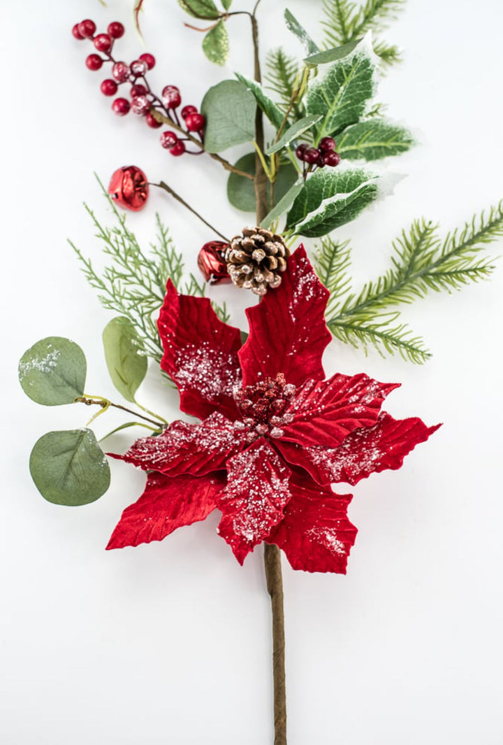 Red velvet poinsettia spray with holly - Greenery MarketWinter and Christmas83982