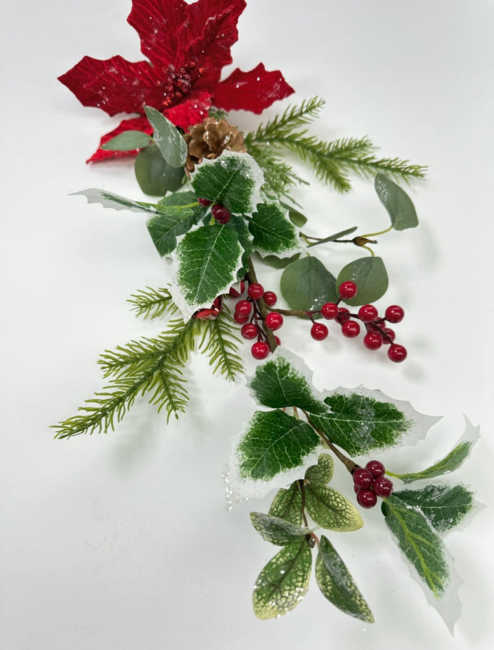 Red velvet poinsettia spray with holly - Greenery MarketWinter and Christmas83982