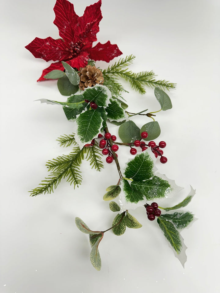 Red velvet poinsettia spray with holly - Greenery MarketWinter and Christmas83982