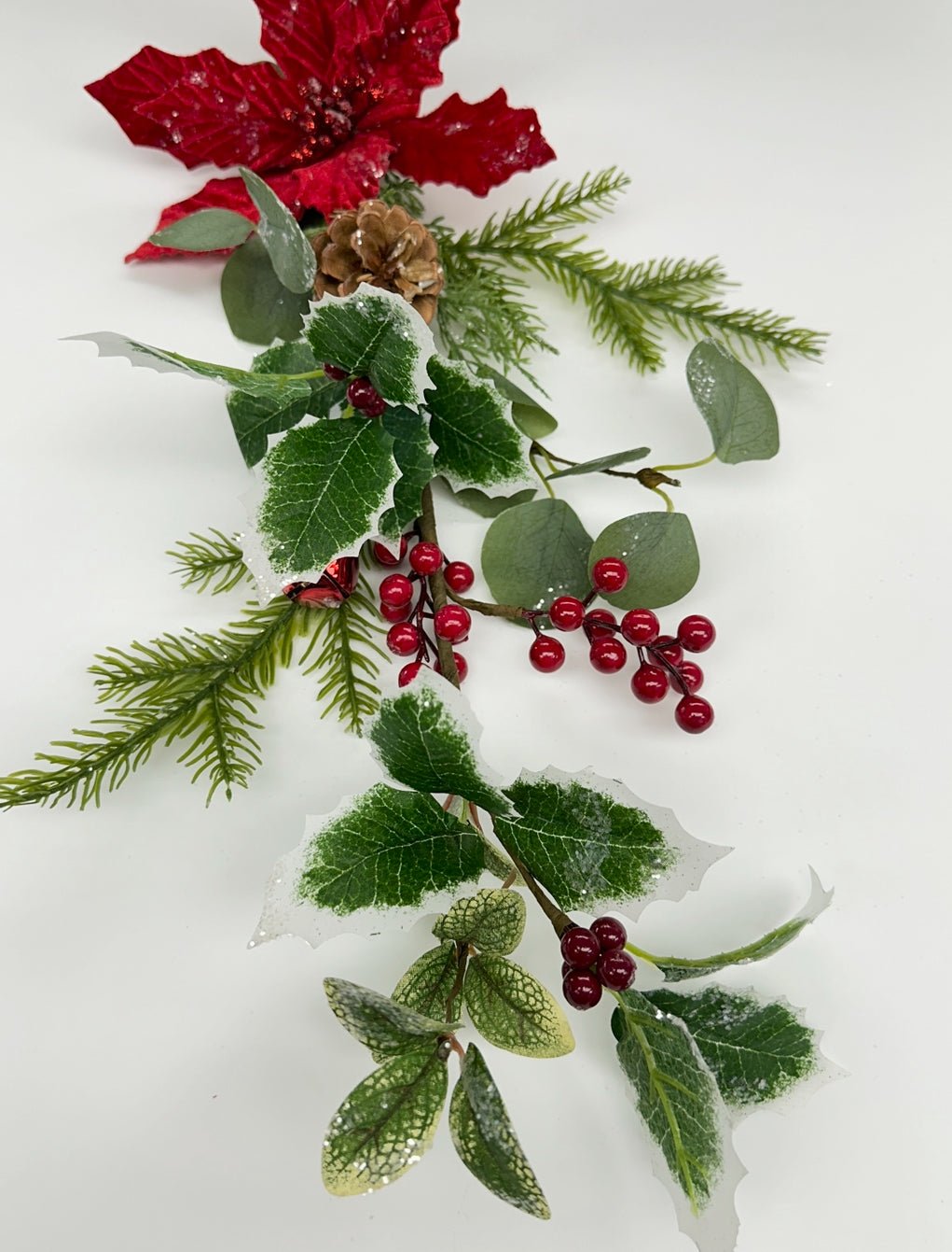 Red velvet poinsettia spray with holly - Greenery MarketWinter and Christmas83982