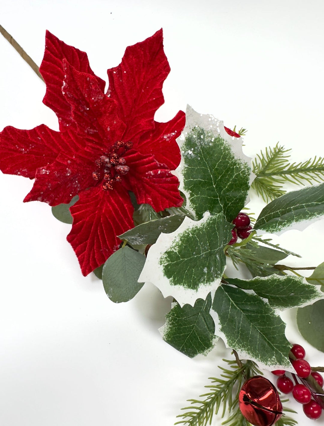 Red velvet poinsettia spray with holly - Greenery MarketWinter and Christmas83982