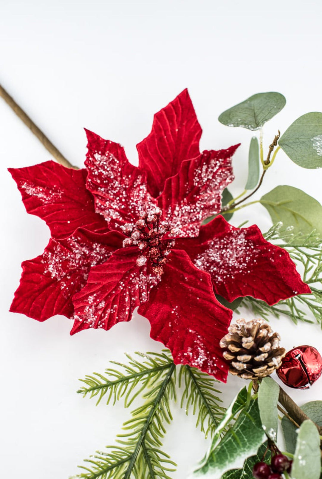 Red velvet poinsettia spray with holly - Greenery MarketWinter and Christmas83982