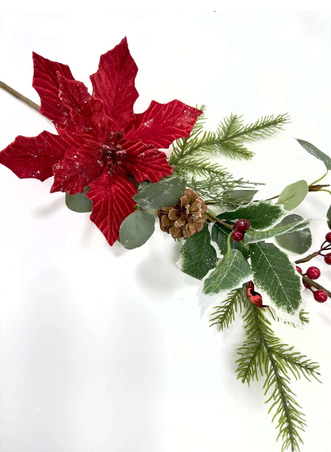 Red velvet poinsettia spray with holly - Greenery MarketWinter and Christmas83982