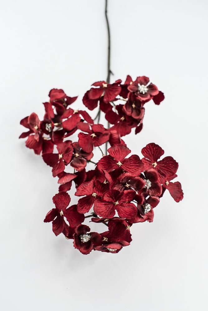 Red With Faux Diamonds, Velvet Hydrangea Spray - 24" - Greenery MarketXFS799-RE/BU
