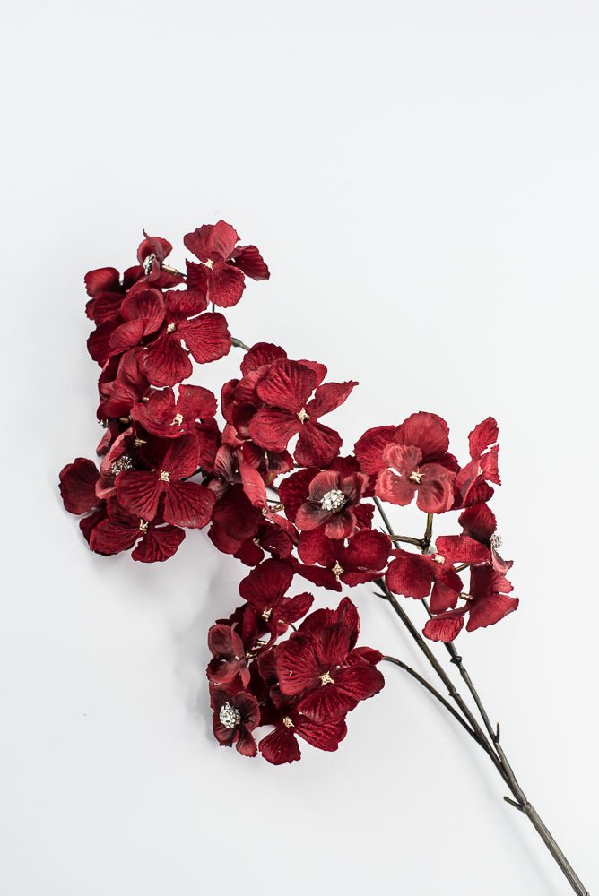 Red With Faux Diamonds, Velvet Hydrangea Spray - 24" - Greenery MarketXFS799-RE/BU