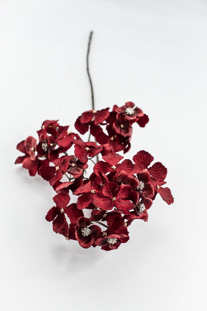 Red With Faux Diamonds, Velvet Hydrangea Spray - 24" - Greenery MarketXFS799-RE/BU