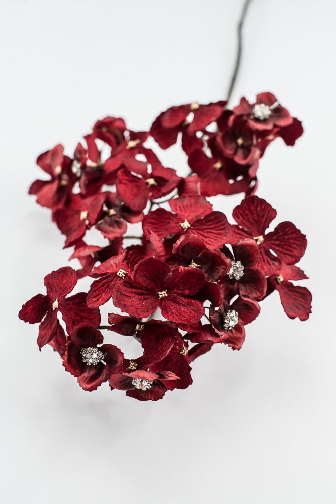 Red With Faux Diamonds, Velvet Hydrangea Spray - 24" - Greenery MarketXFS799-RE/BU