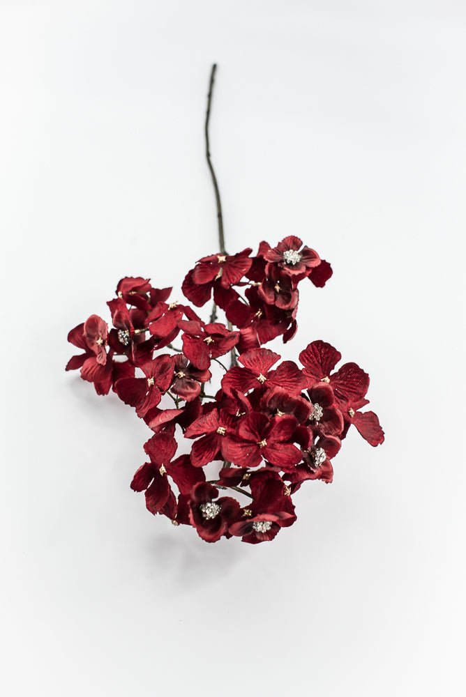 Red With Faux Diamonds, Velvet Hydrangea Spray - 24" - Greenery MarketXFS799-RE/BU