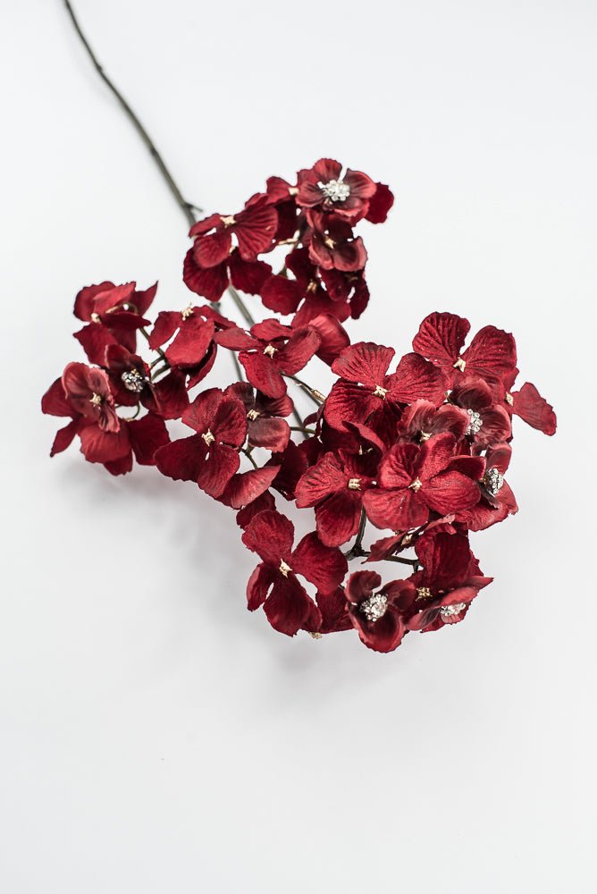Red With Faux Diamonds, Velvet Hydrangea Spray - 24" - Greenery MarketXFS799-RE/BU
