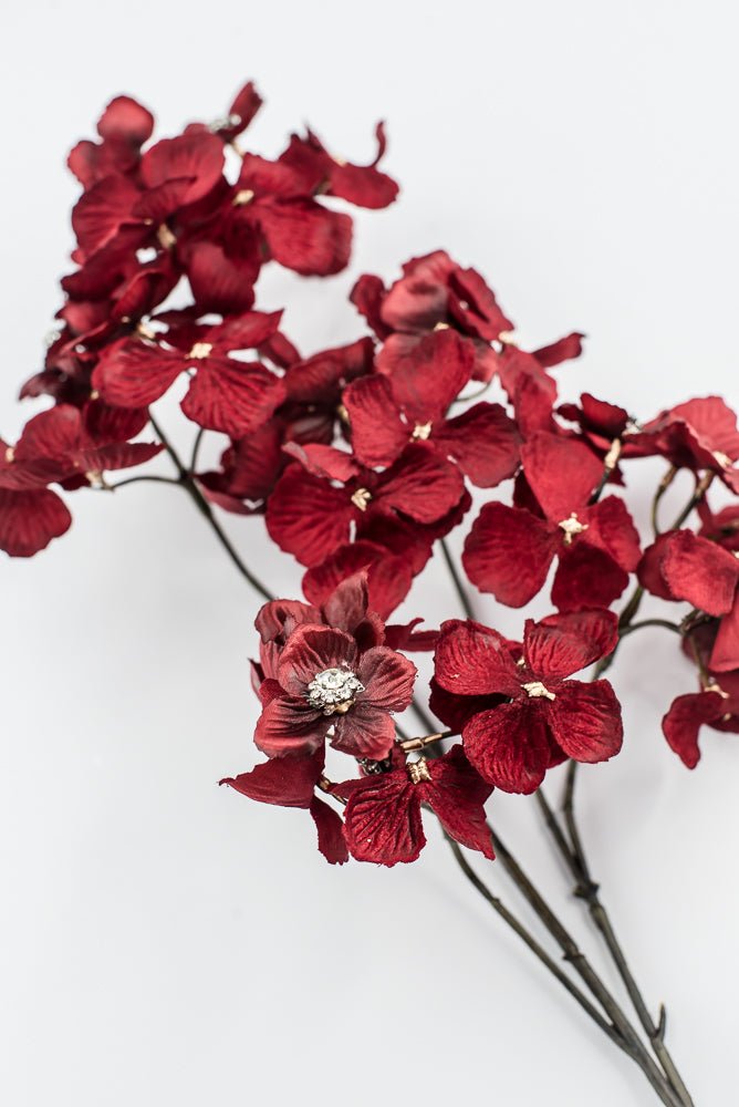 Red With Faux Diamonds, Velvet Hydrangea Spray - 24" - Greenery MarketXFS799-RE/BU