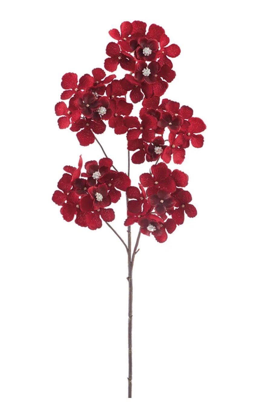 Red With Faux Diamonds, Velvet Hydrangea Spray - 24" - Greenery MarketXFS799-RE/BU