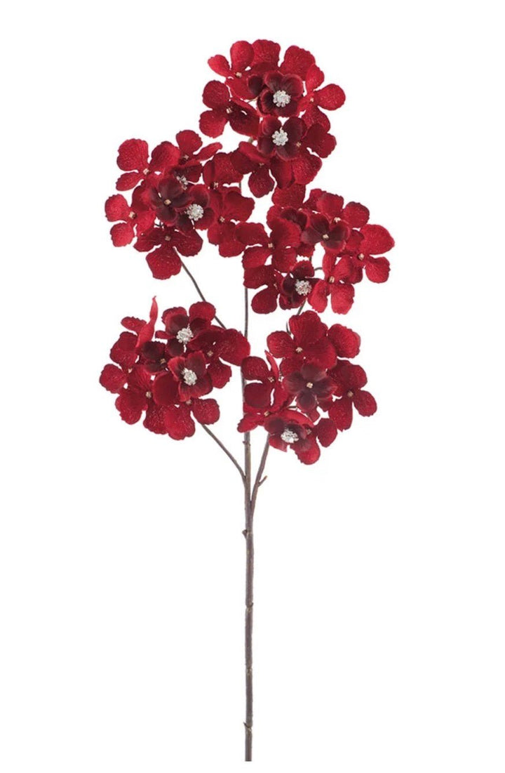 Red With Faux Diamonds, Velvet Hydrangea Spray - 24" - Greenery MarketXFS799-RE/BU