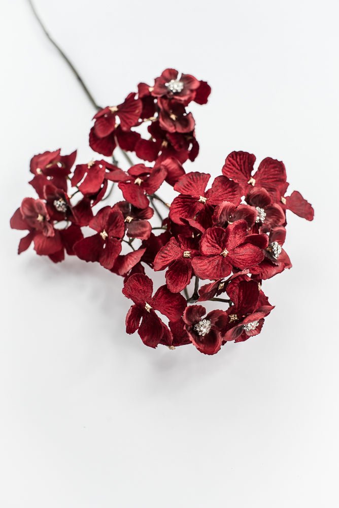 Red With Faux Diamonds, Velvet Hydrangea Spray - 24" - Greenery MarketXFS799-RE/BU