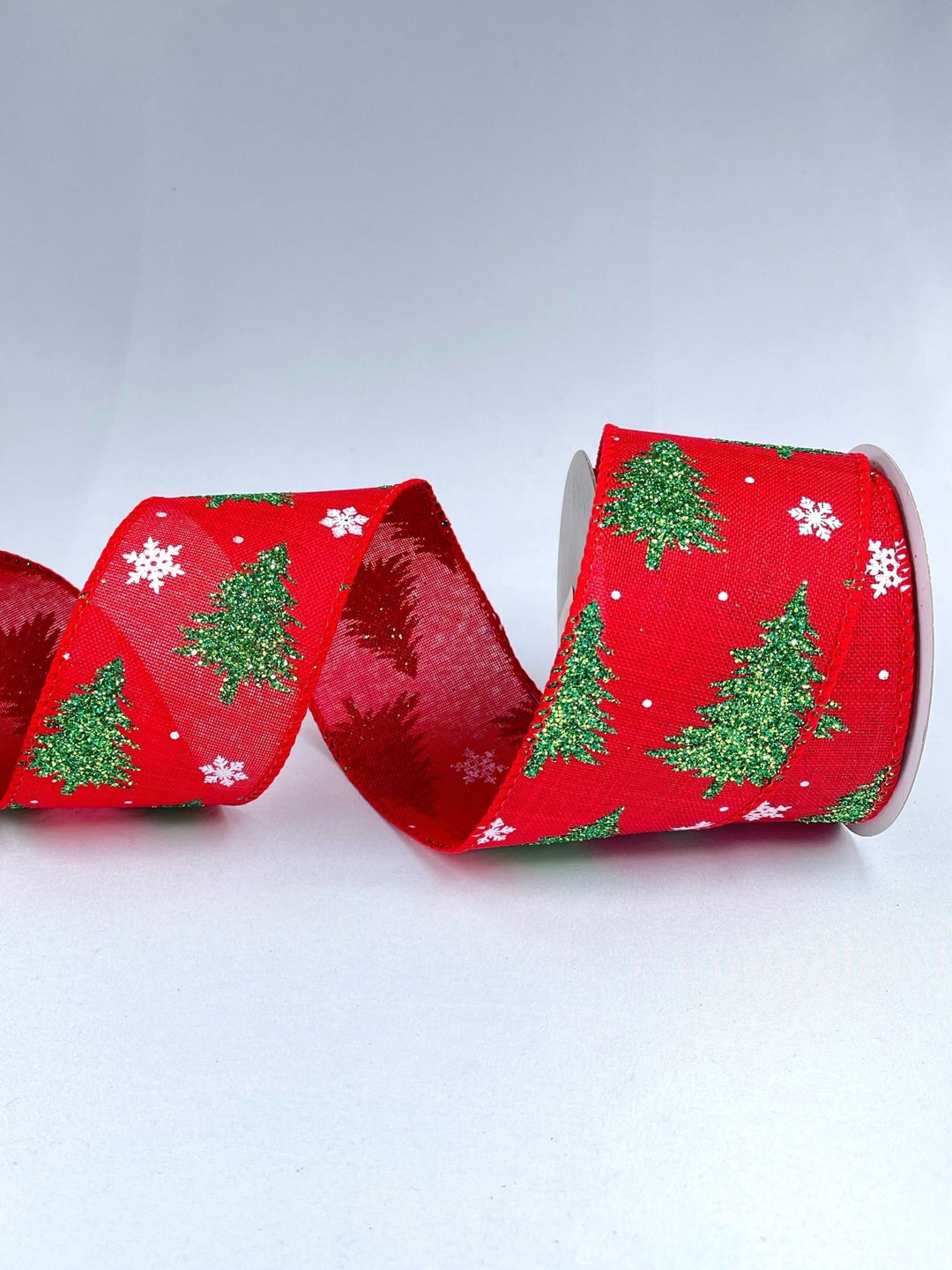 Red with glittered Christmas trees wired ribbon 2.5” - Greenery MarketRibbons & Trim179149