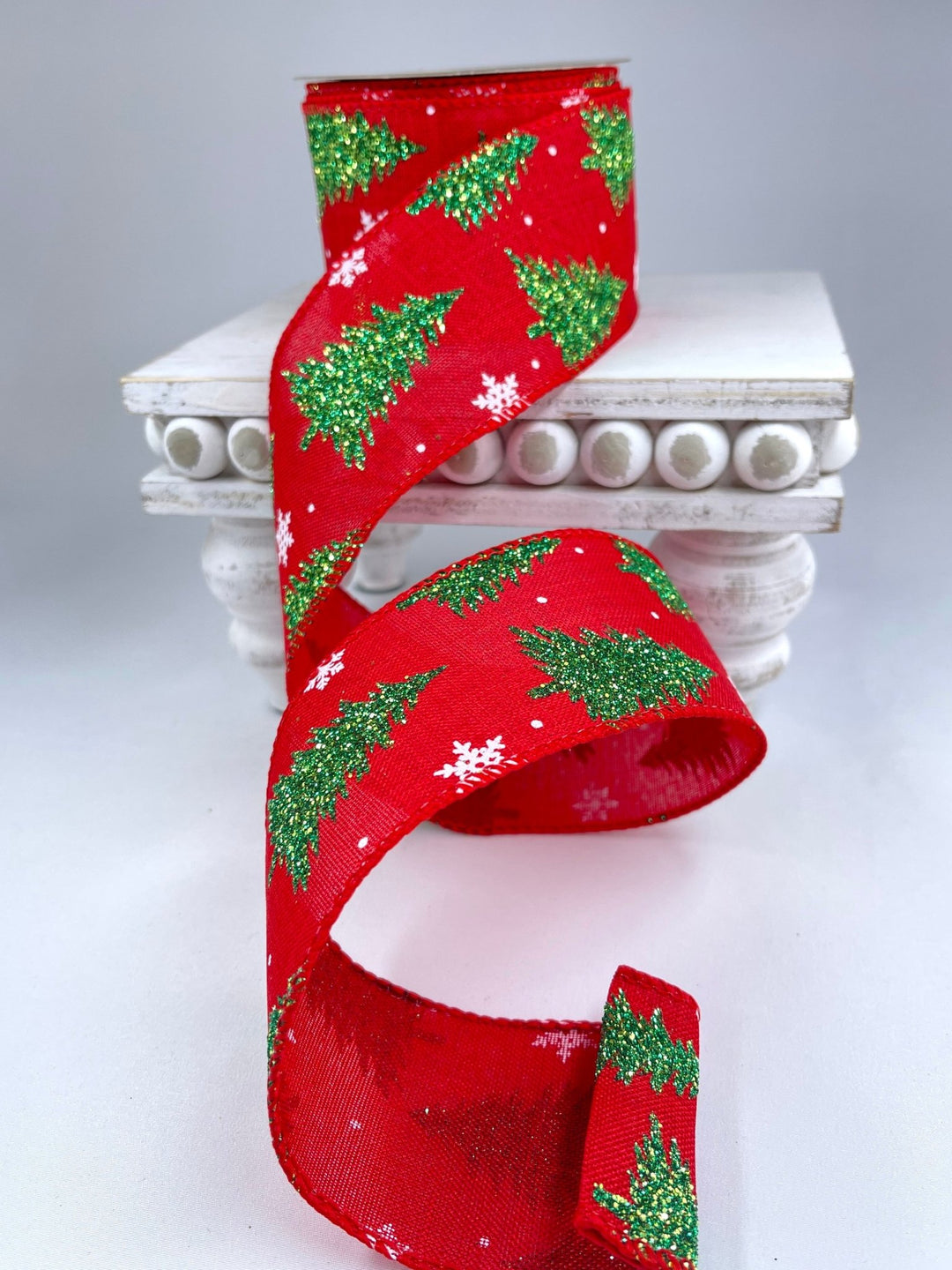 Red with glittered Christmas trees wired ribbon 2.5” - Greenery MarketRibbons & Trim179149