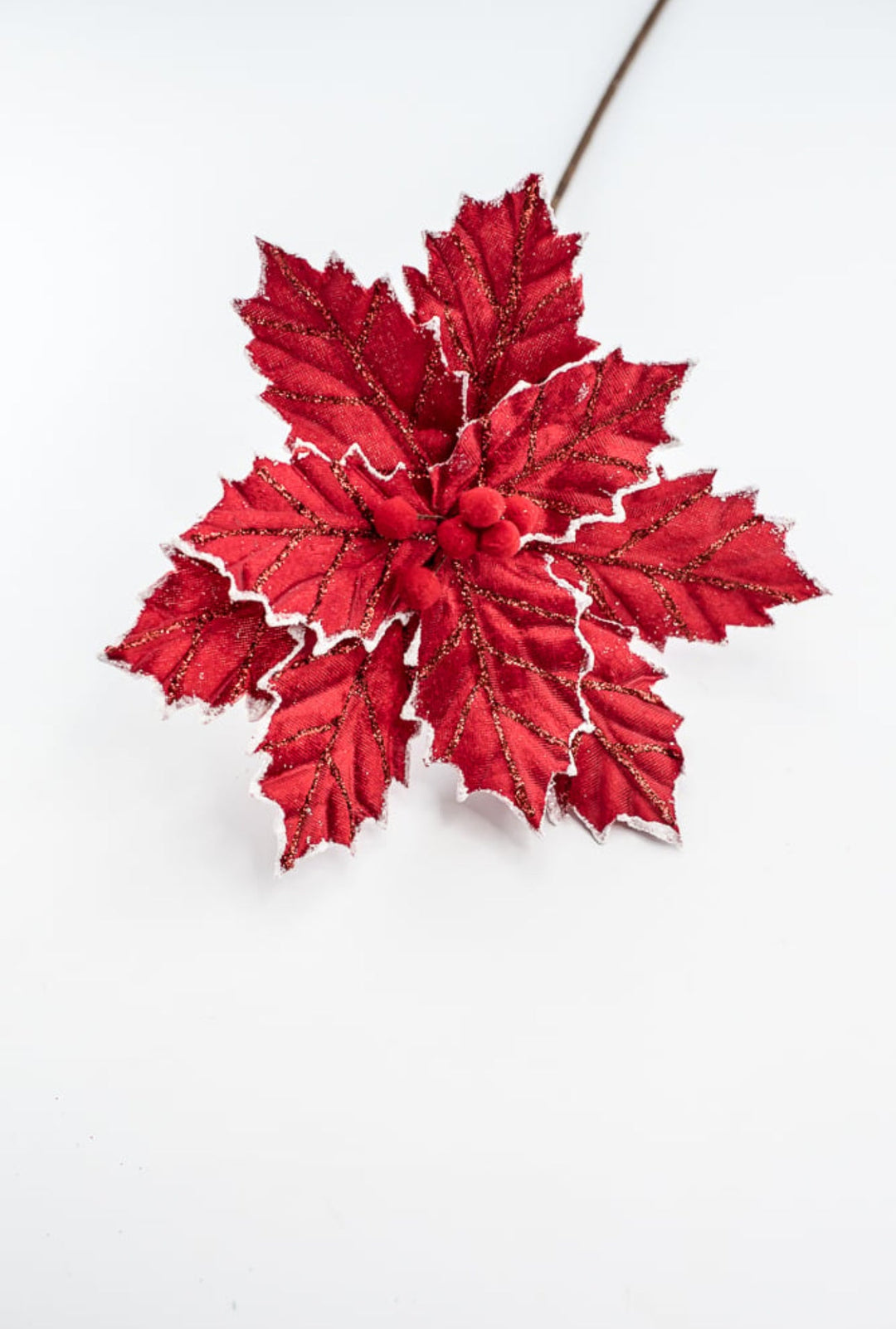 Red with white edge velvet, pompom poinsettia - Greenery MarketMTX73402