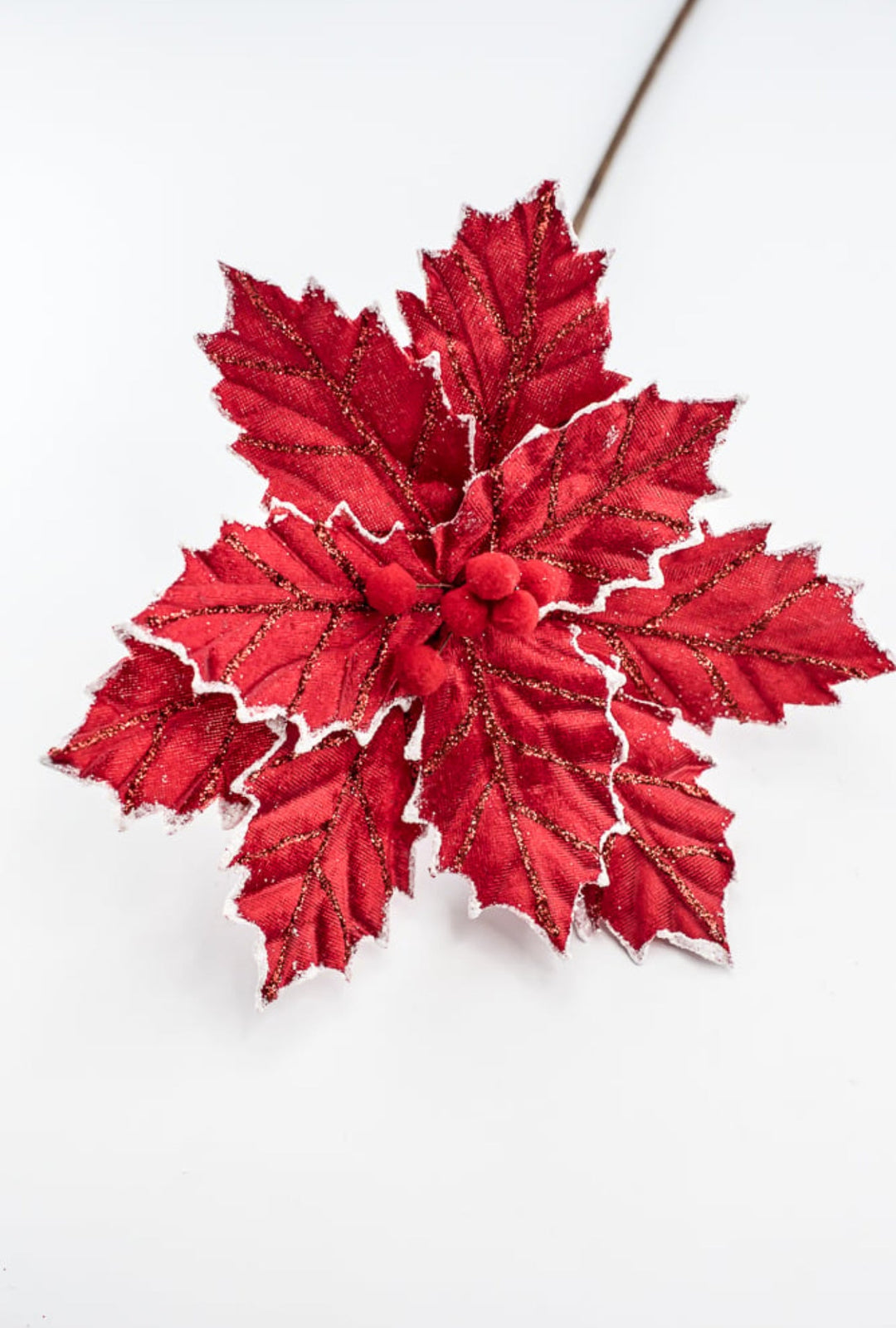 Red with white edge velvet, pompom poinsettia - Greenery MarketMTX73402