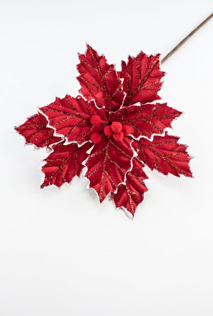 Red with white edge velvet, pompom poinsettia - Greenery MarketMTX73402