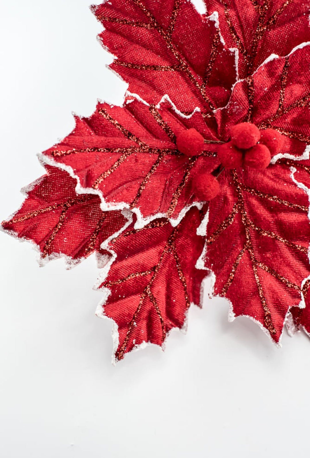 Red with white edge velvet, pompom poinsettia - Greenery MarketMTX73402