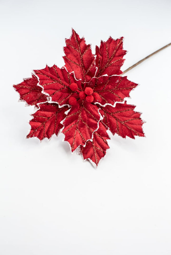 Red with white edge velvet, pompom poinsettia - Greenery MarketMTX73402