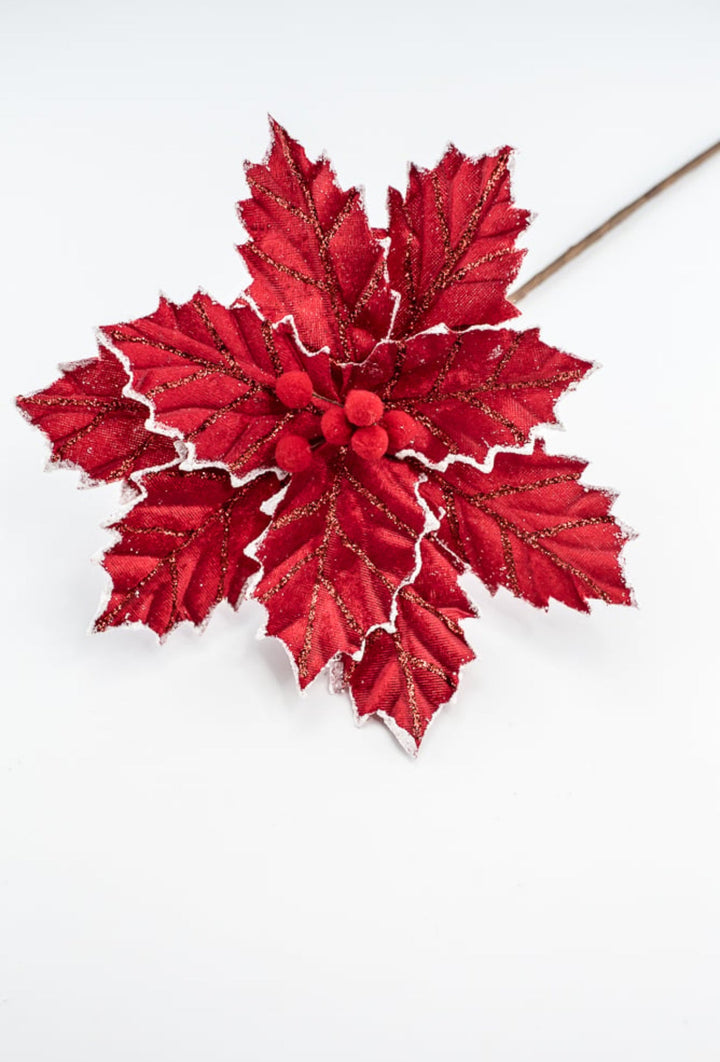 Red with white edge velvet, pompom poinsettia - Greenery MarketMTX73402