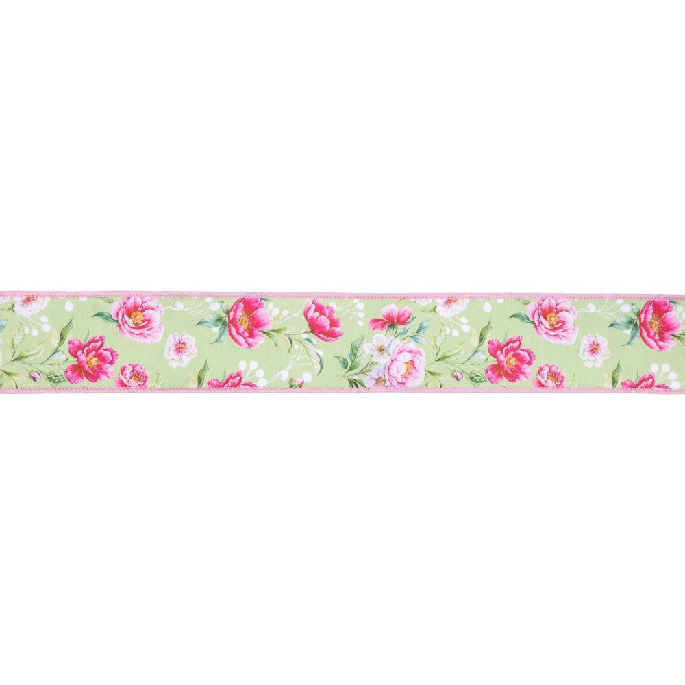 Rose Blooms On Green with Pink Backing Wired Dupioni Ribbon - 2.5" - Greenery MarketWired Ribbon9347W-577-63E