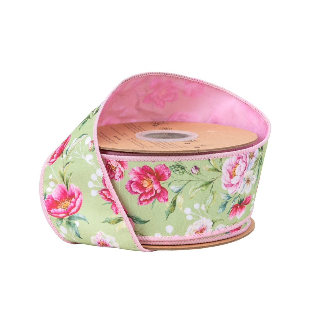 Rose Blooms On Green with Pink Backing Wired Dupioni Ribbon - 2.5" - Greenery MarketWired Ribbon9347W-577-63E