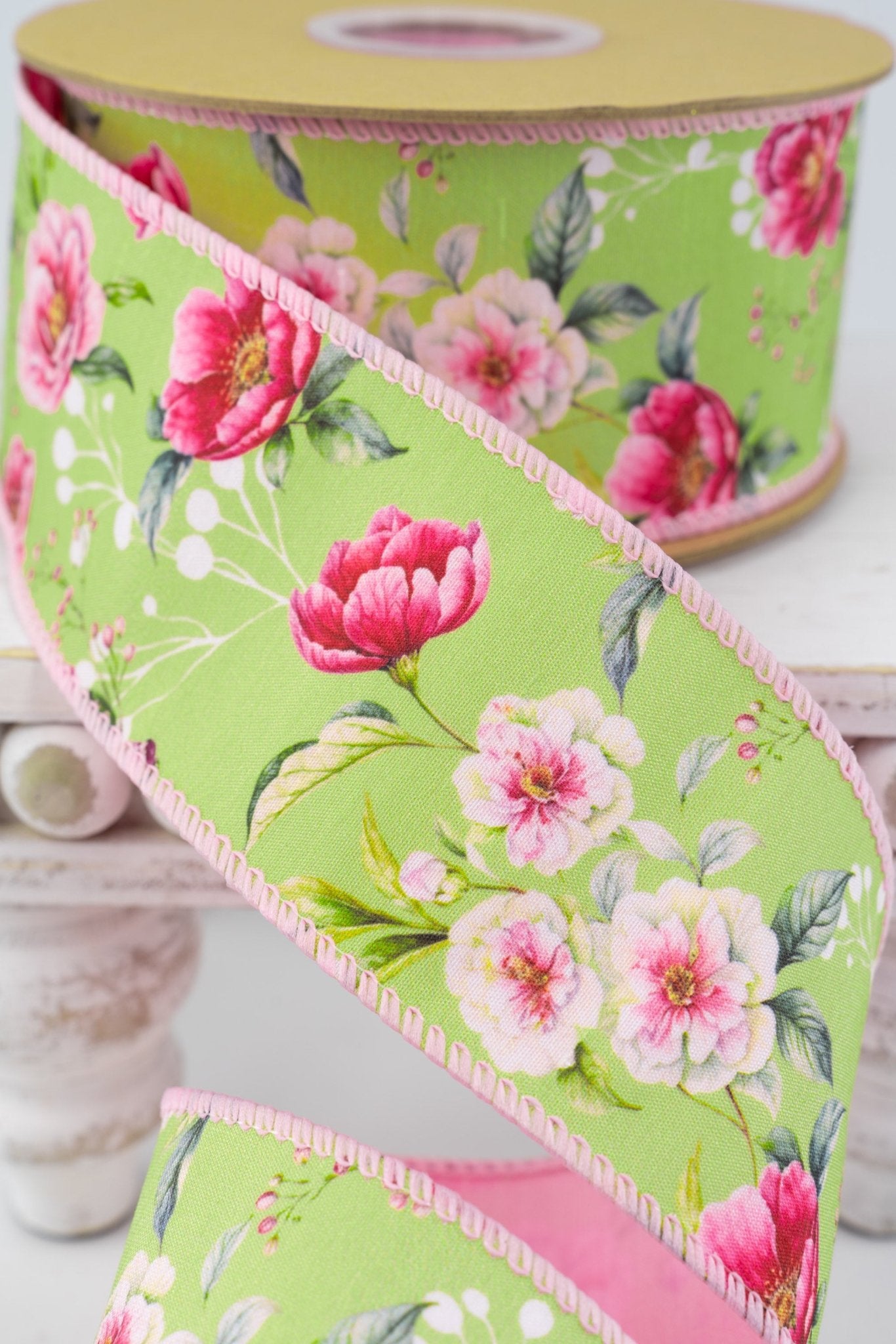 Rose Blooms On Green with Pink Backing Wired Dupioni Ribbon - 2.5