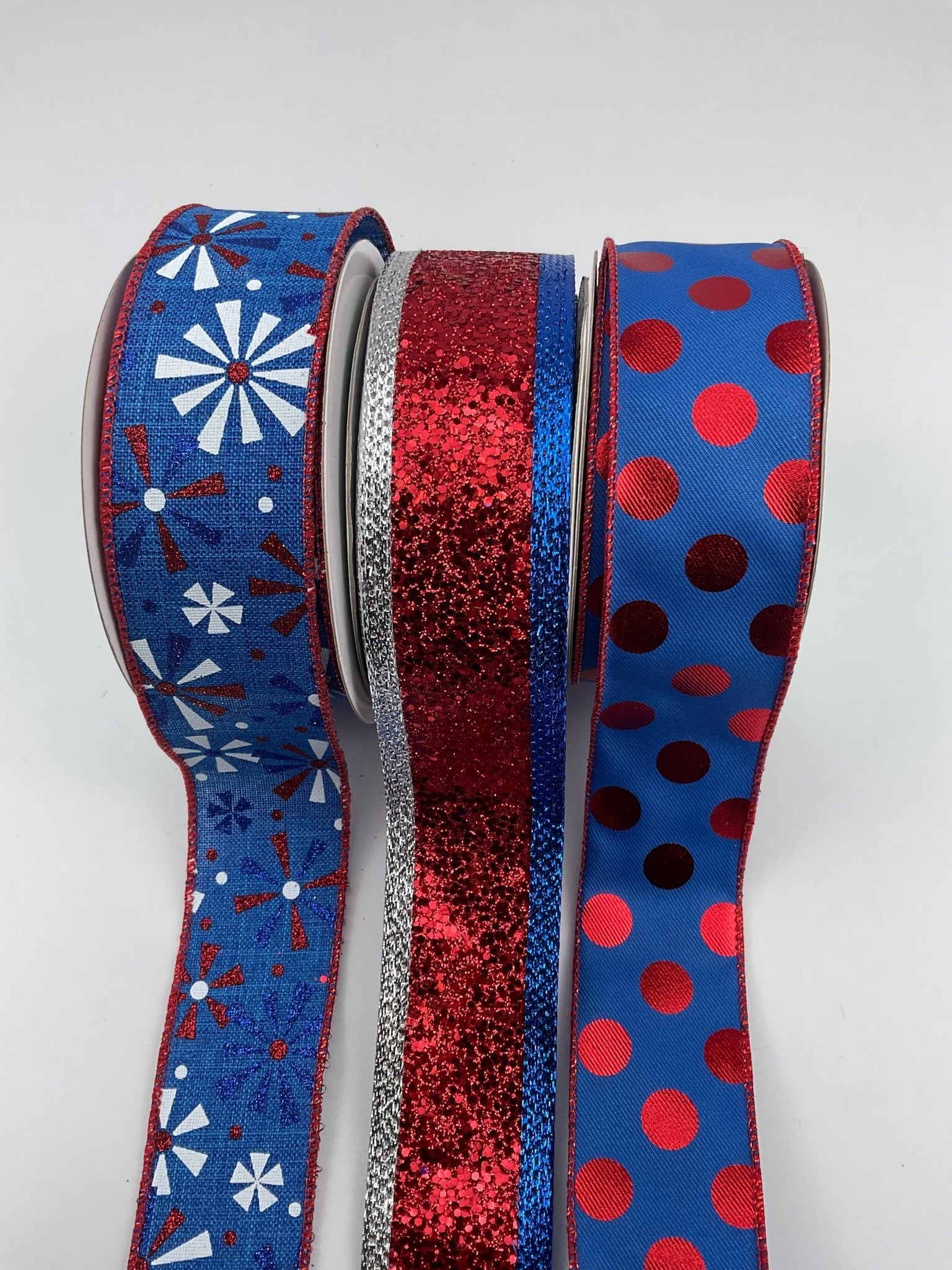 Royal blue and red Patriotic bow bundle x 3 ribbons - Greenery MarketWired ribbonPatrioticdotBBx3