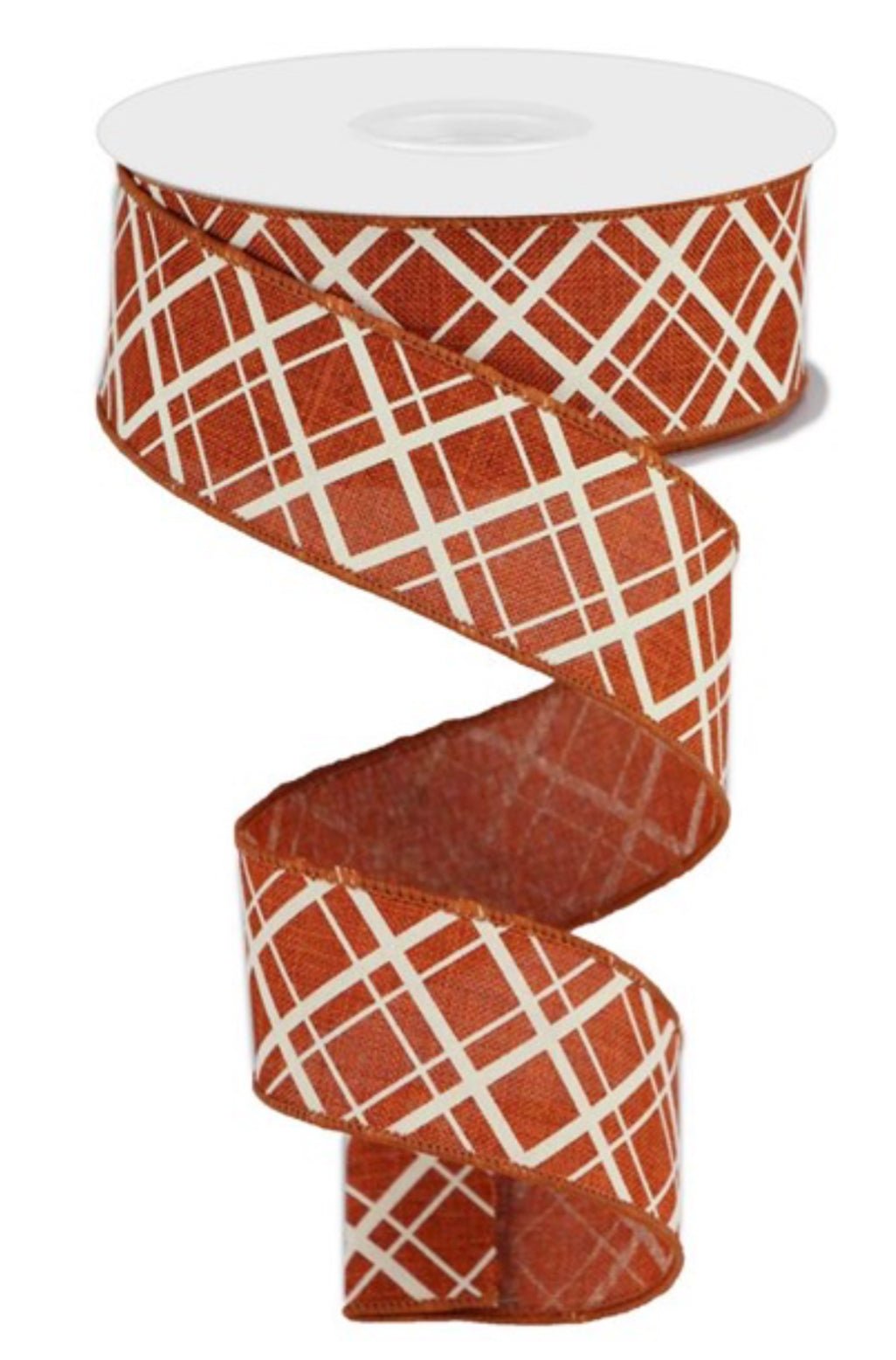 Rust and ivory diagonal thick thin plaid 1.5” - Greenery MarketWired ribbonRGA150574