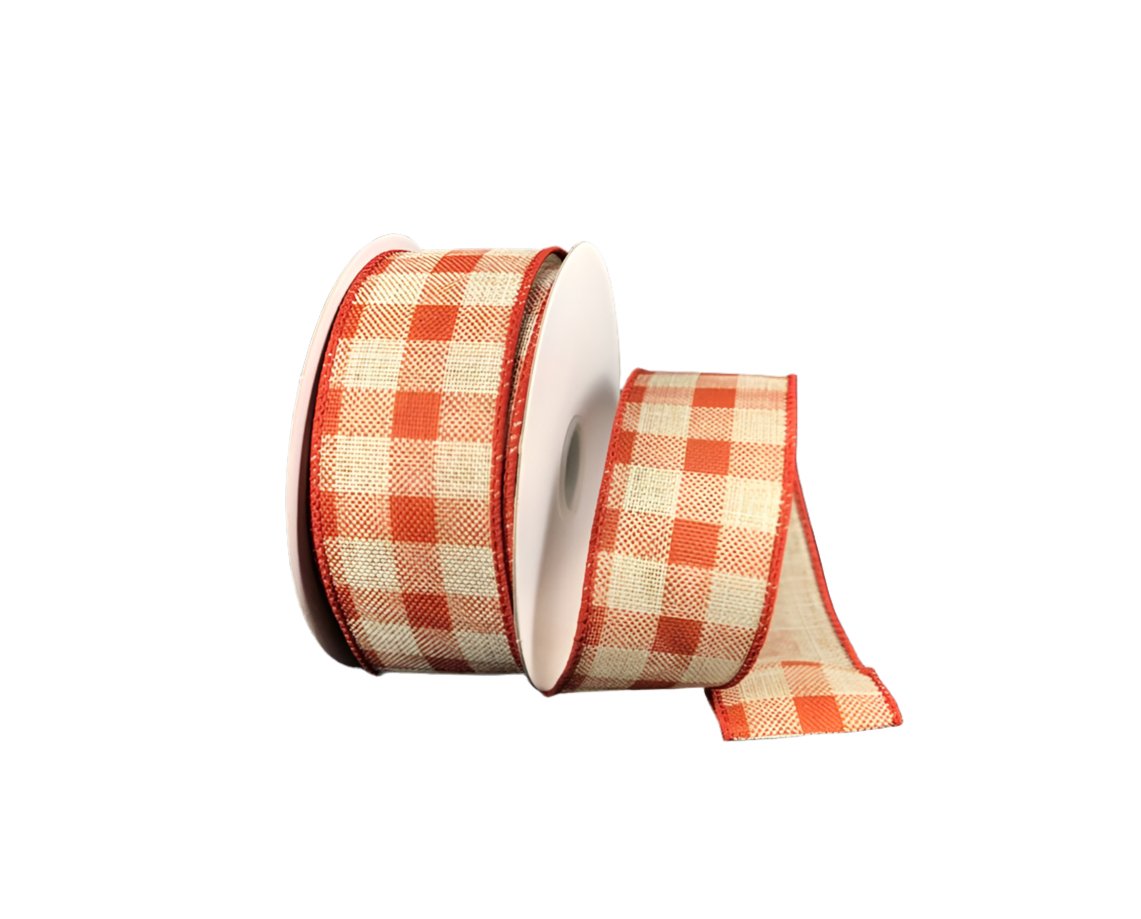Rust and natural plaid wired ribbon 1.5” - Greenery Market