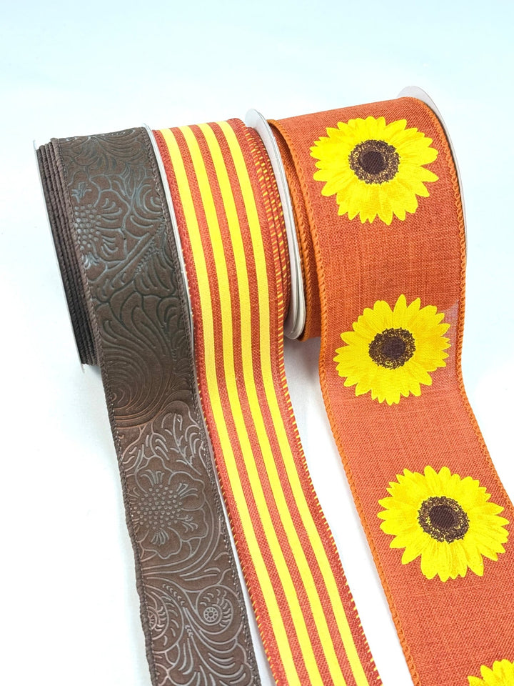 Rust Sunflower Bow Bundle x 3 Ribbons - Greenery MarketSunEmbossedX3