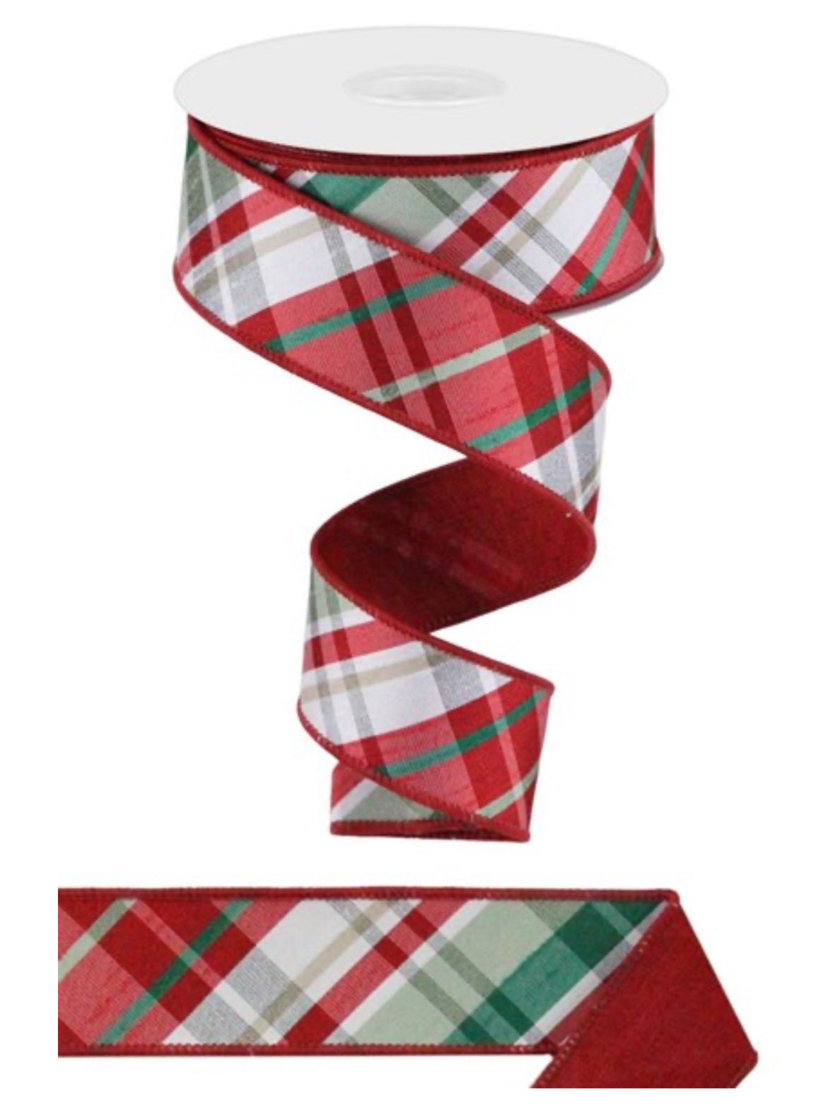 Sage and red plaid wired ribbon with fused back, 1.5
