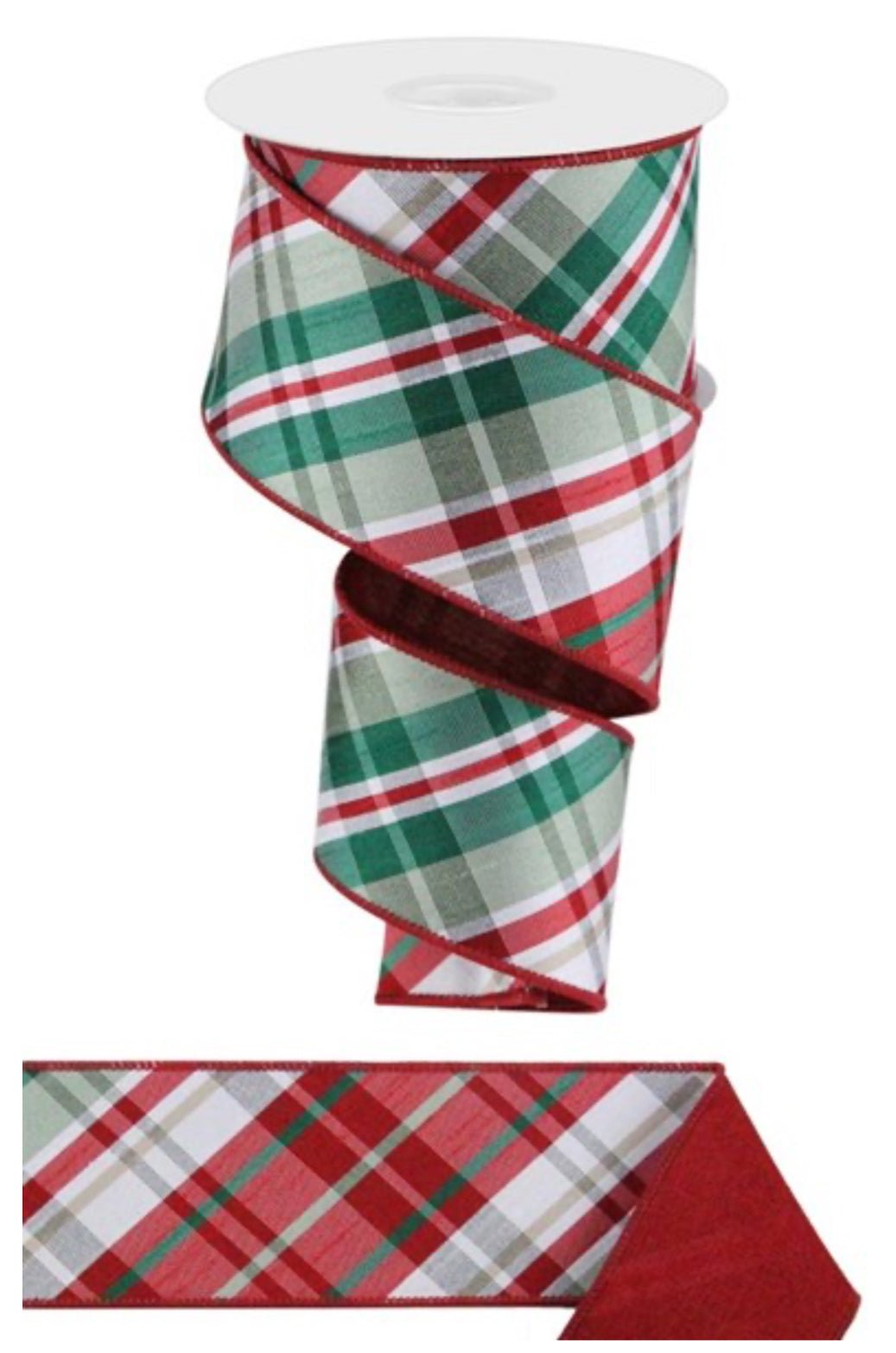 Sage and red plaid wired ribbon with fused back, 2.5