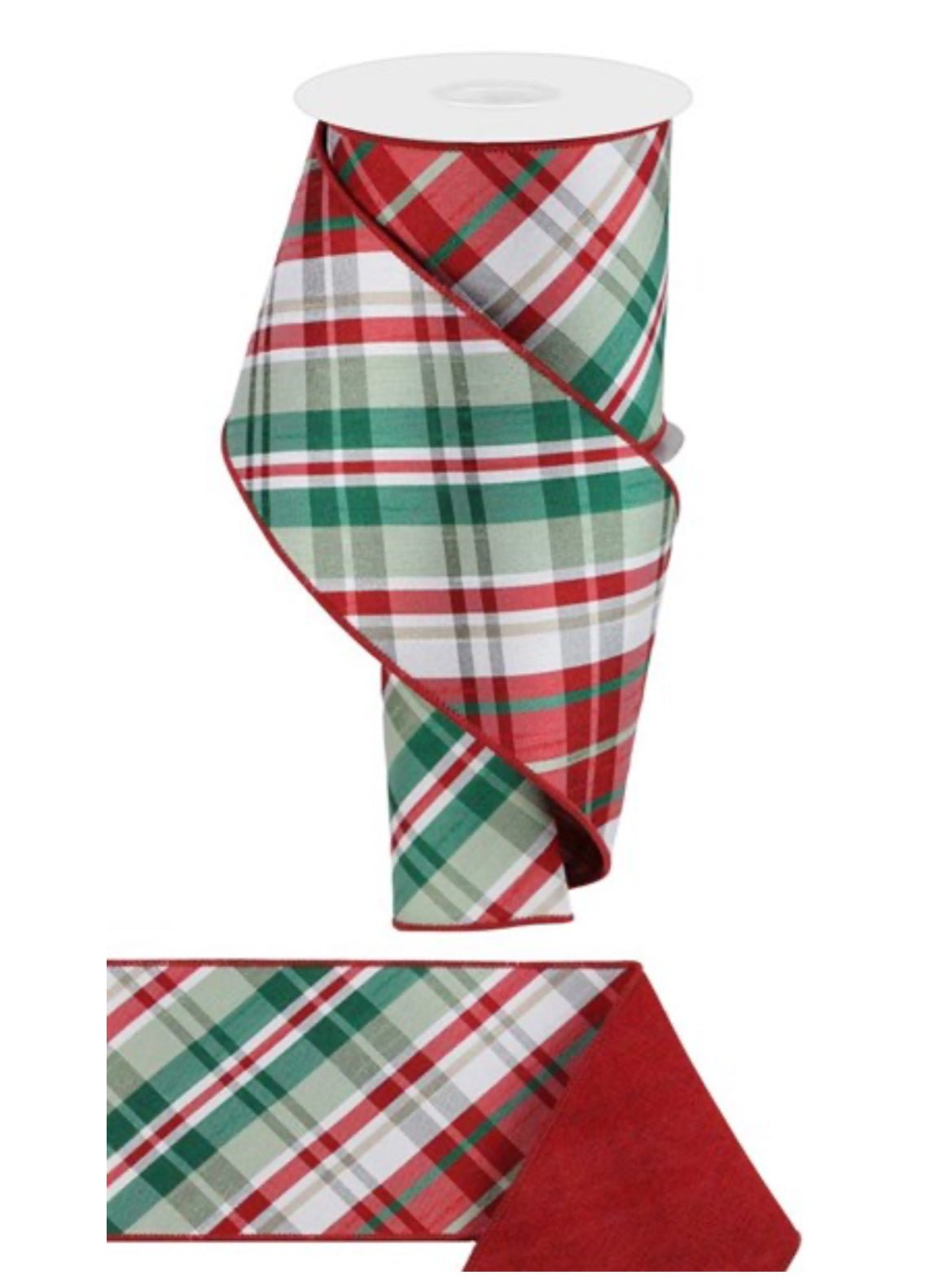 Sage and red plaid wired ribbon with fused back, 4” - Greenery Marketwired ribbonRGX0066WJ