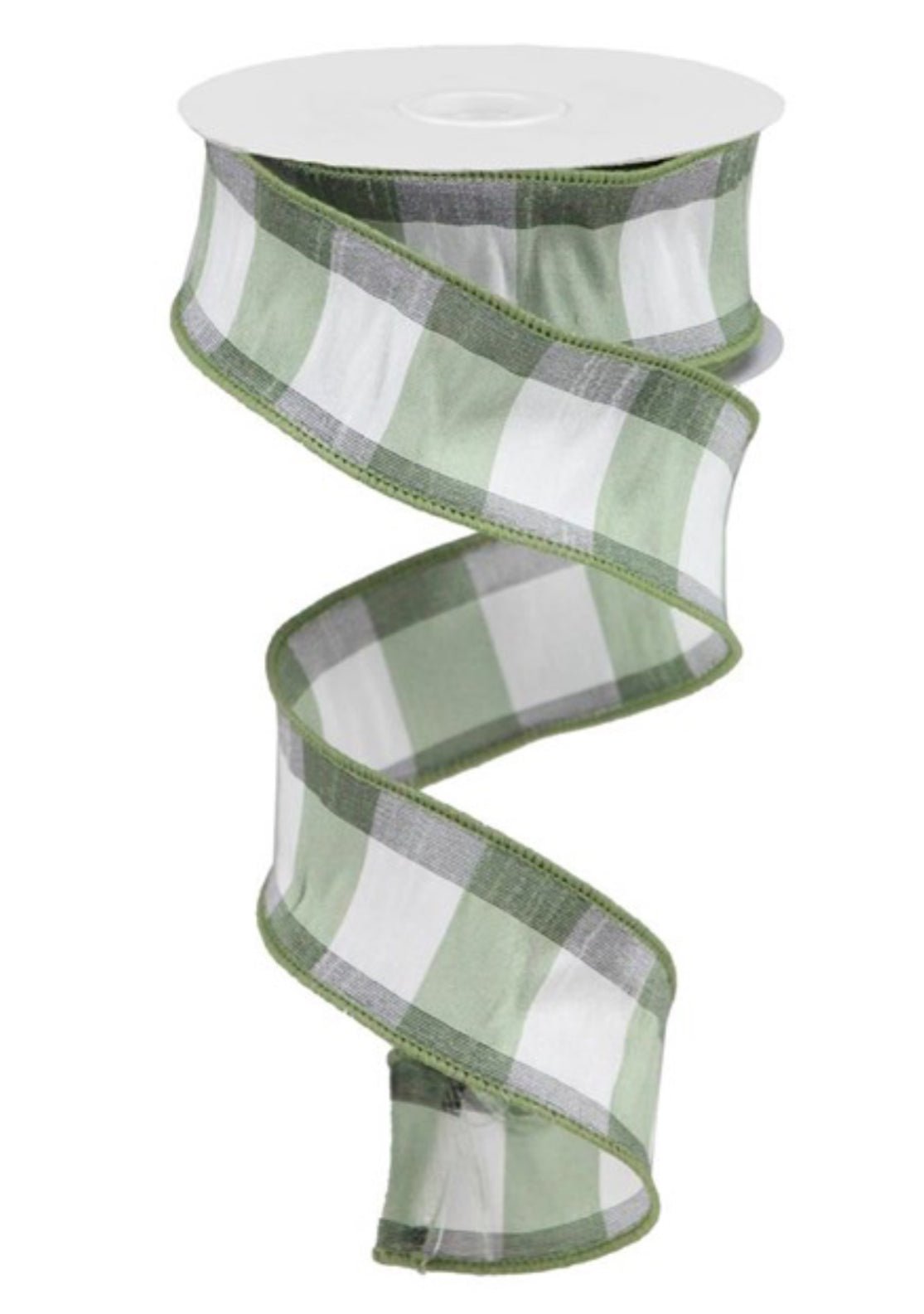 sage green and white check wired faux dupioni 1.5” - Greenery MarketWired ribbonRGA1861KL