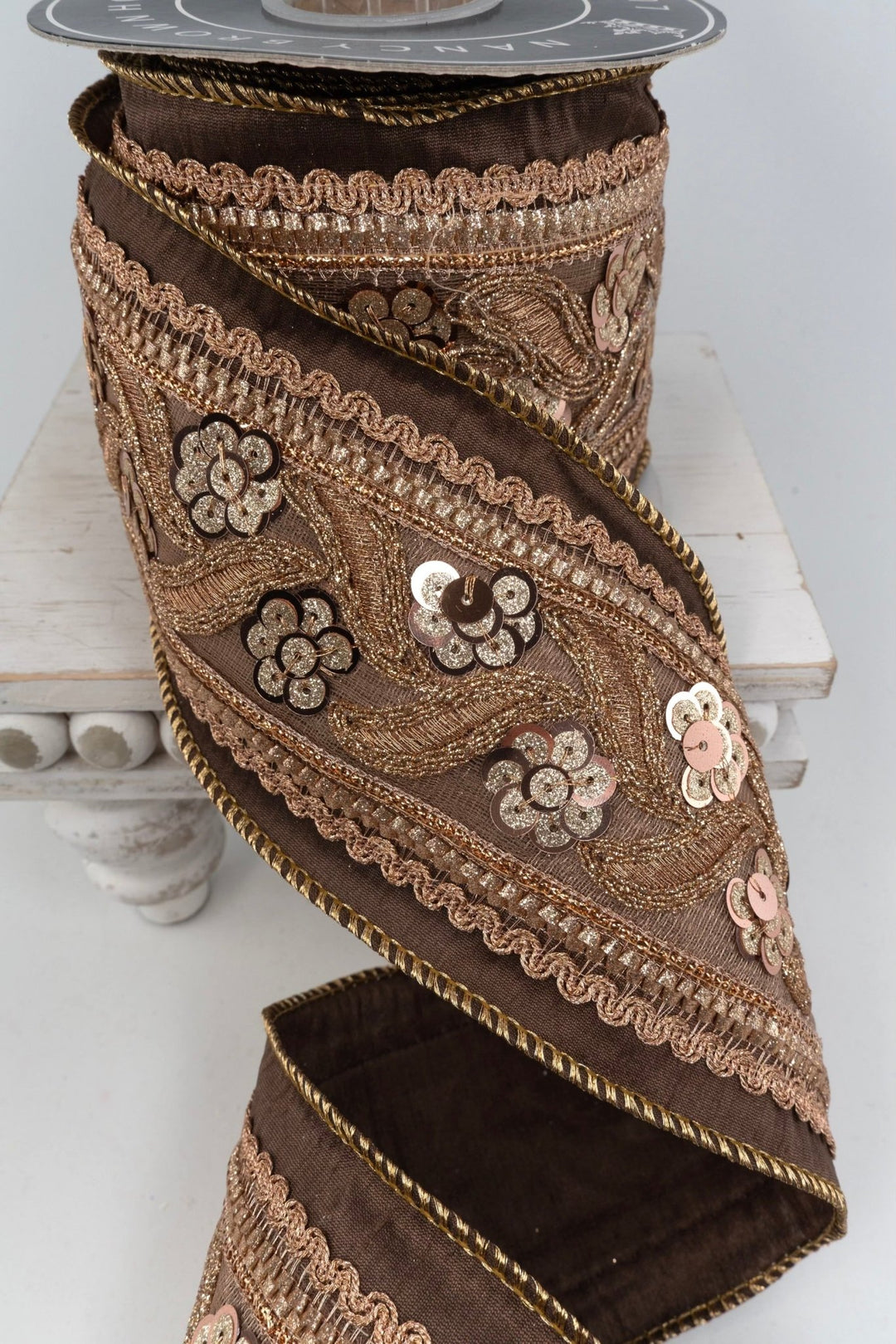 Sequin Trim Brown Copper Wired Ribbon - 4" Nancy Brown Home - Greenery Market14265