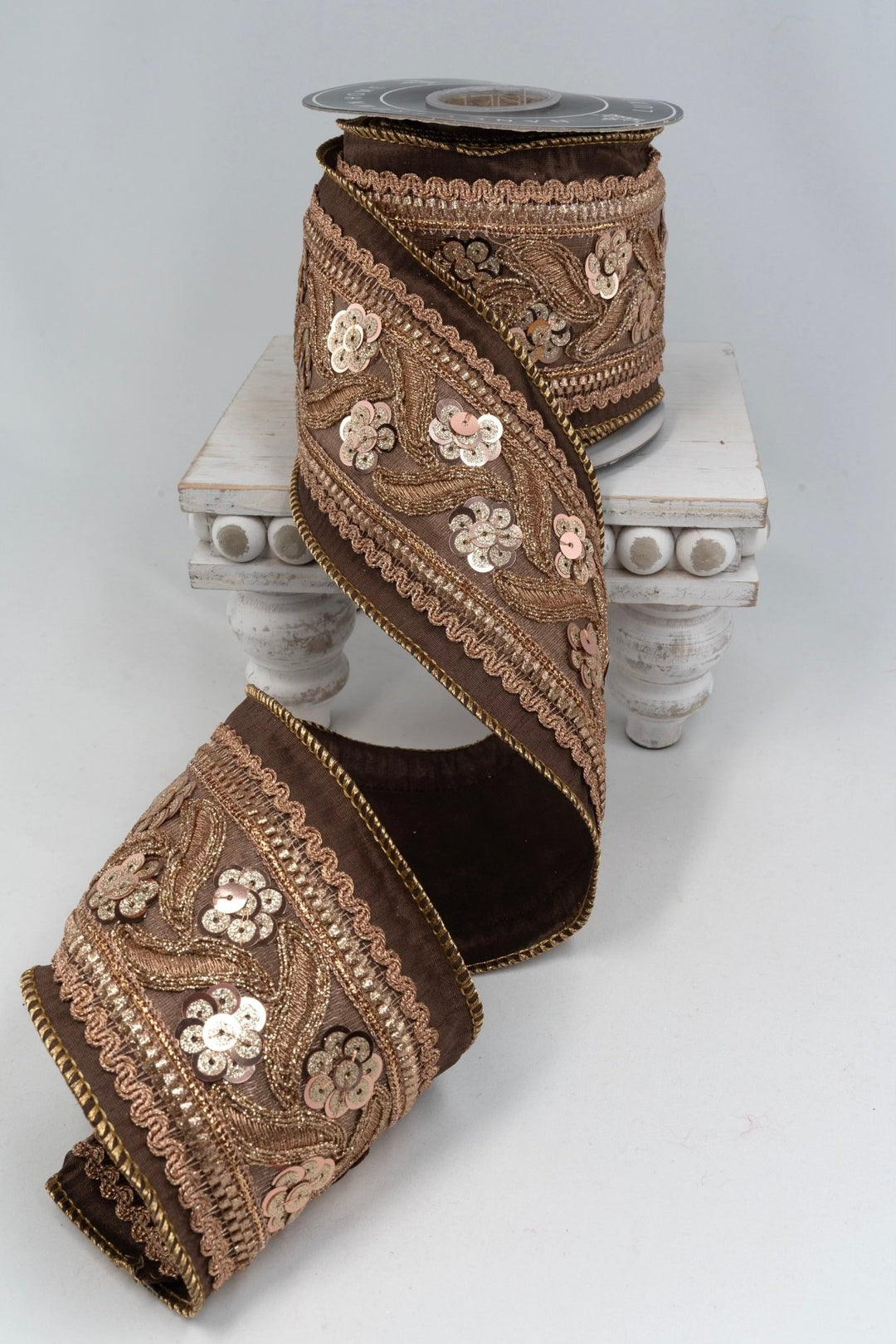 Sequin Trim Brown Copper Wired Ribbon - 4" Nancy Brown Home - Greenery Market14265