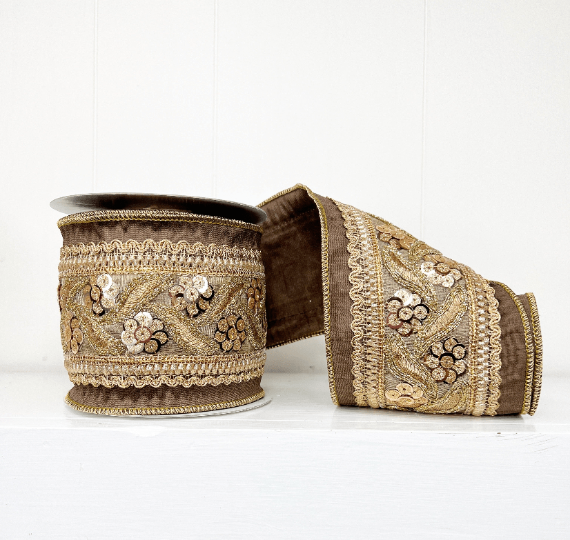 Sequin Trim Brown Copper Wired Ribbon - 4" - Greenery Market14265